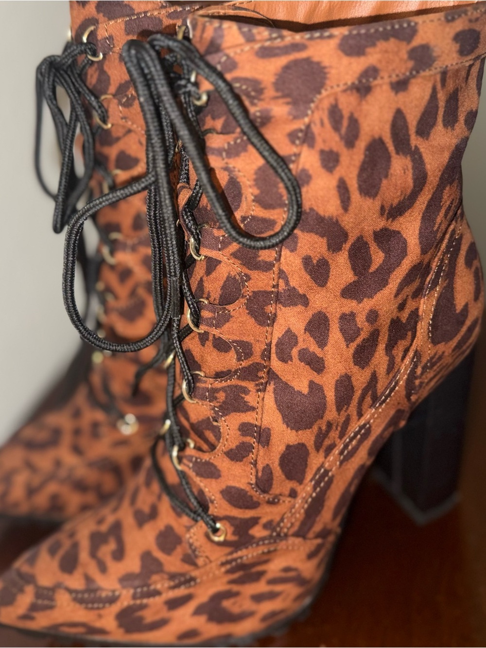 Shoe Dazzle Leopard Lace-Up Ankle Boots in Brown and Black
